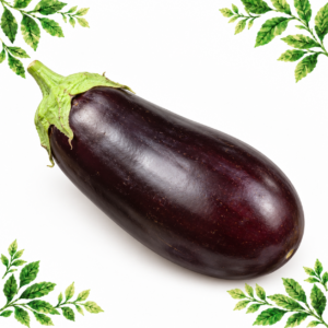 One large deep-purple aubergine with a green stem on a white background framed by illustrated green leaves.