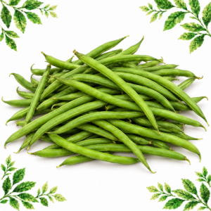 Fresh green Bobby beans piled on a white background with leafy illustrated corners.