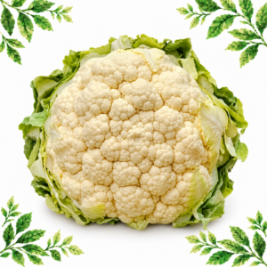One whole cream-white cauliflower with green outer leaves on a white background framed by illustrated green leaves.