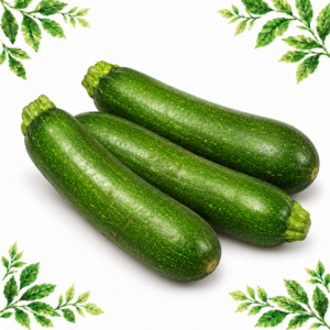 Three whole green courgettes on a white background framed by illustrated green leaves.