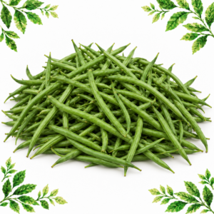 A pile of slender green fine beans on a white background with leafy illustrated corners.