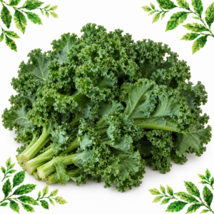 A large bunch of curly green kale with visible stems on a white background with leafy illustrated corners.