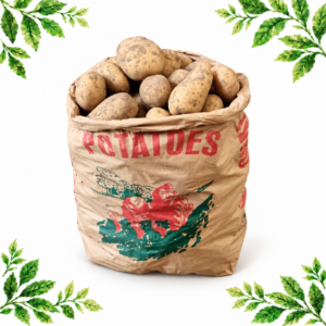 A sack of whole Maris Piper potatoes with naturally textured beige skins on a white background with leafy illustrated corners.
