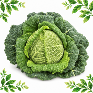 One whole Savoy cabbage with crinkled green leaves on a white background framed by illustrated green leaves.