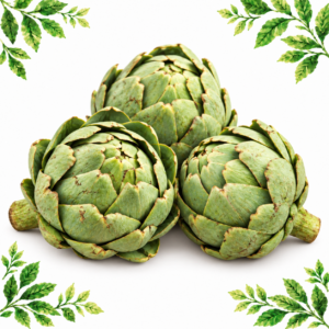 Three whole green globe artichokes on a white background framed by illustrated green leaves.