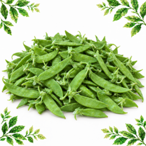 Fresh green mangetout pods piled on a white background with leafy illustrated corners.