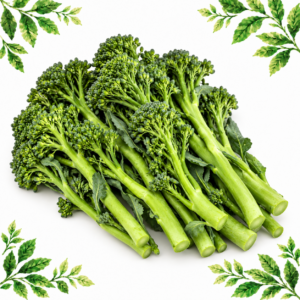 Fresh tender-stem broccoli with long green stems and small florets on a white background framed by illustrated green leaves.