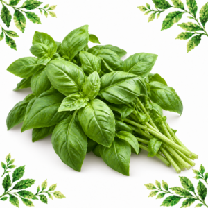 Bunch of fresh basil with broad green leaves and visible stems on a white background framed by illustrated green leaves.