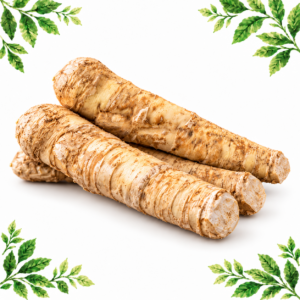 Long horseradish roots with textured pale tan skin on a white background framed by illustrated green leaves.