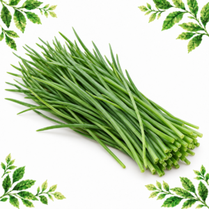 Bunch of fresh green chives with slender leaves on a white background framed by illustrated green leaves.