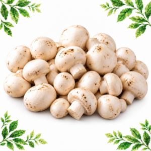 Pile of white button mushrooms with rounded caps and short cream stems on a white background framed by illustrated green leaves.