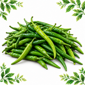 Pile of long green chillies with tapered tips and curved stems on a white background framed by illustrated green leaves.