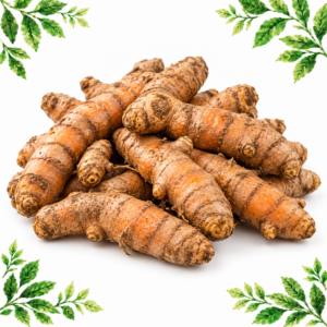 Whole unpeeled turmeric roots with naturally textured skin on a white background framed by illustrated green leaves.