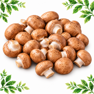 Pile of chestnut mushrooms with rounded brown caps and short cream stems on a white background framed by illustrated green leaves.