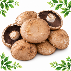 Pile of brown portobello mushrooms, including two showing their dark gills, on a white background framed by illustrated green leaves.