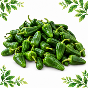 Pile of green Padrón peppers with curved stems on a white background framed by illustrated green leaves.