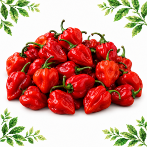 Pile of red habanero chillies with wrinkled skins and green stems on a white background framed by illustrated green leaves.