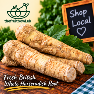 Fresh British Whole Horseradish Root displayed on rustic wood