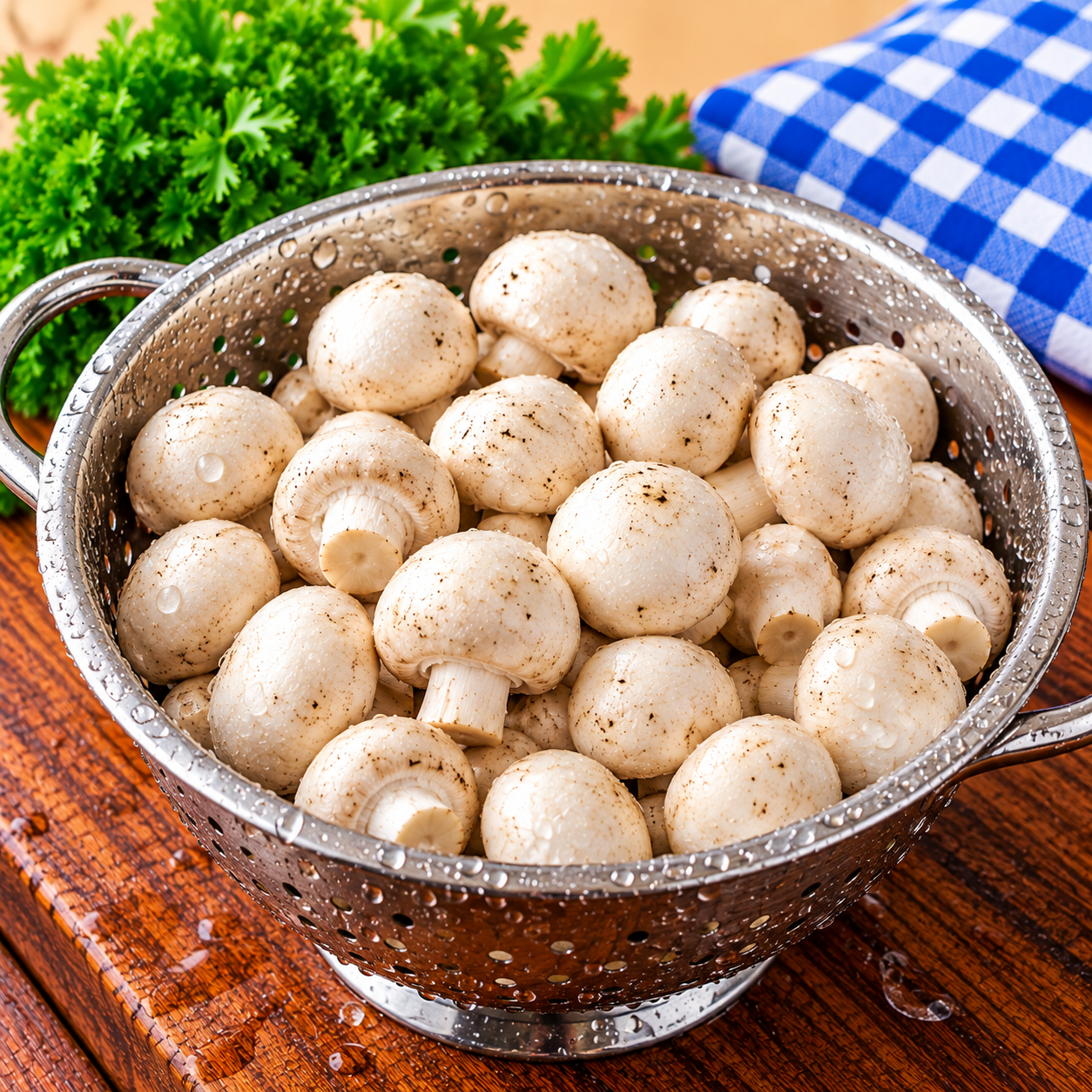 Fresh Button Mushrooms freshly washed in a metal colander