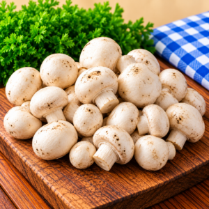 Fresh Button Mushrooms with small white caps displayed on rustic wood
