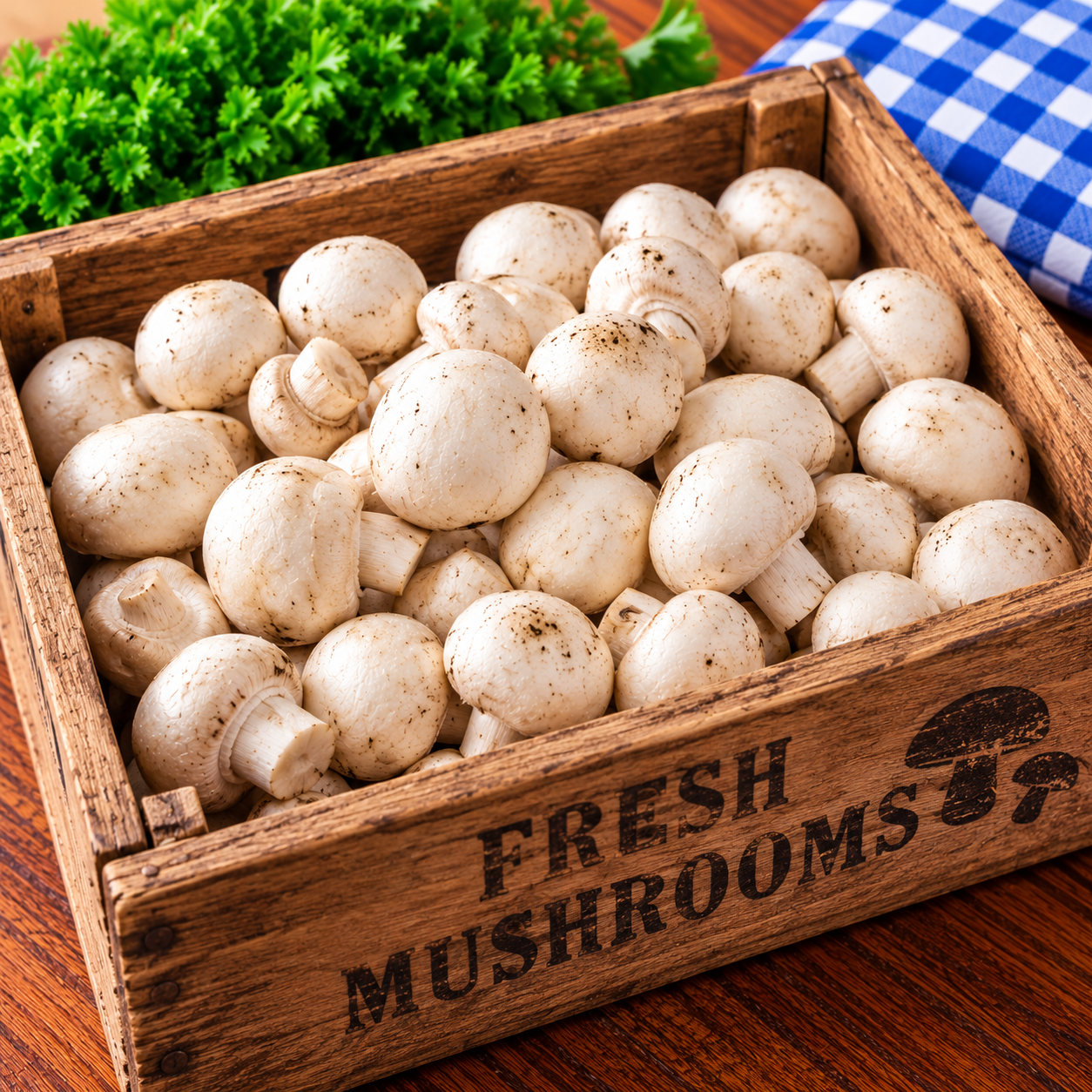 Fresh Button Mushrooms displayed in a rustic wooden market crate