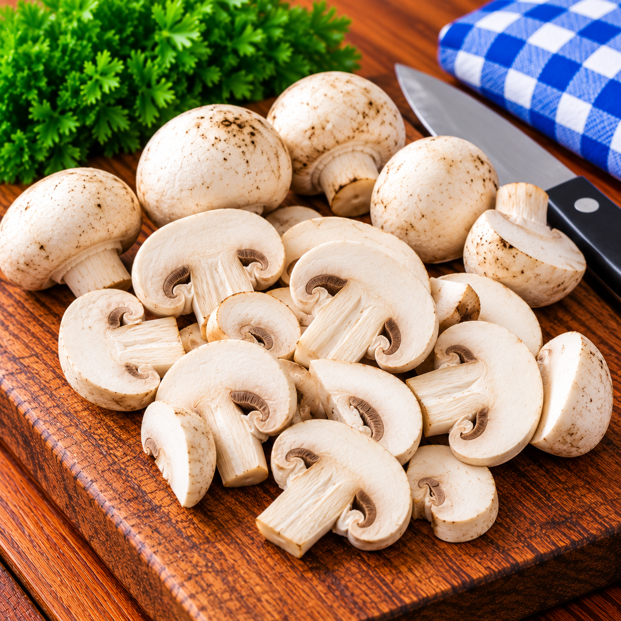 Fresh Button Mushrooms whole and sliced ready for cooking