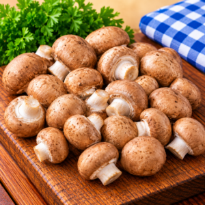 Fresh Chestnut Mushrooms with rich brown caps displayed on rustic wood