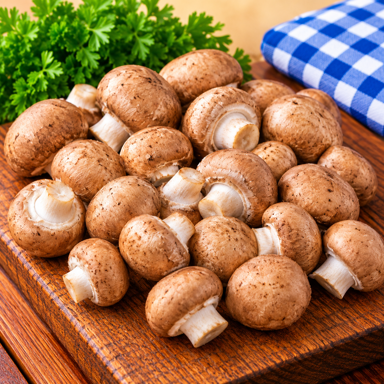 Fresh Chestnut Mushrooms with rich brown caps displayed on rustic wood