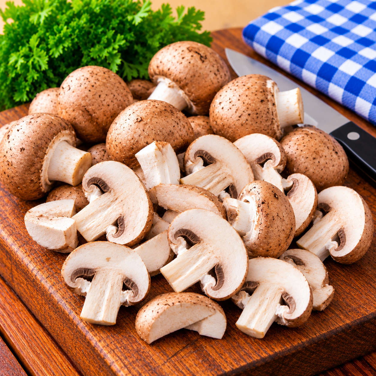 Fresh Chestnut Mushrooms whole and sliced ready for cookin