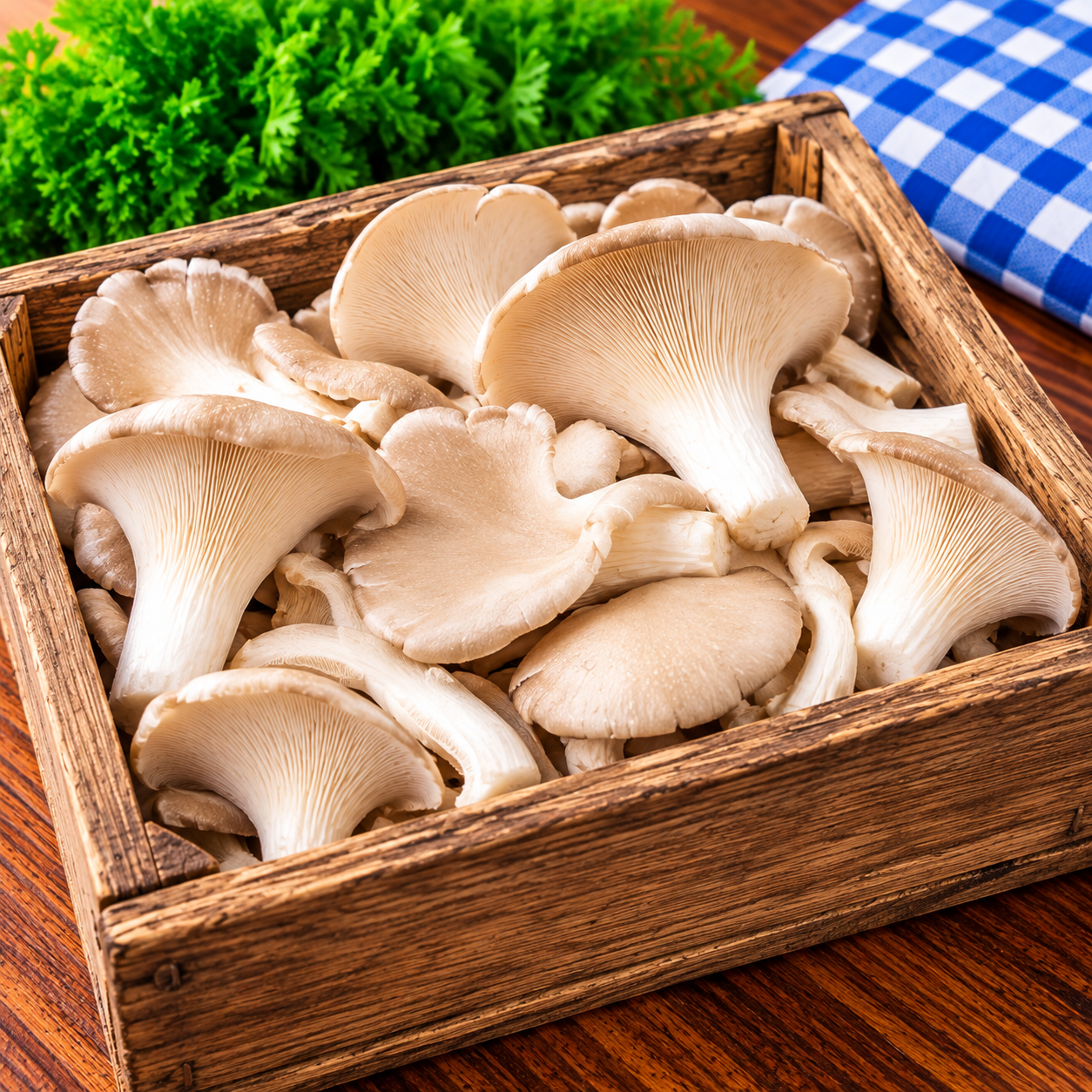 Fresh Gourmet Oyster Mushrooms displayed in a rustic wooden market crate