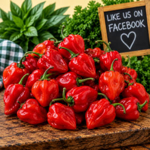 Fresh Hot Red Habanero Chillies displayed on rustic wood