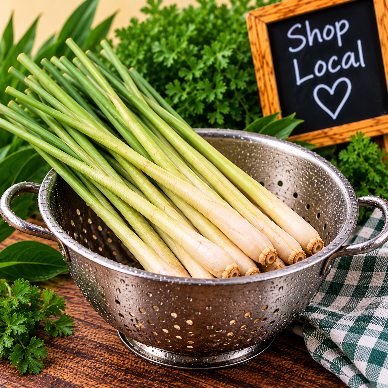 Fresh Lemongrass Stalks freshly washed in a metal colander