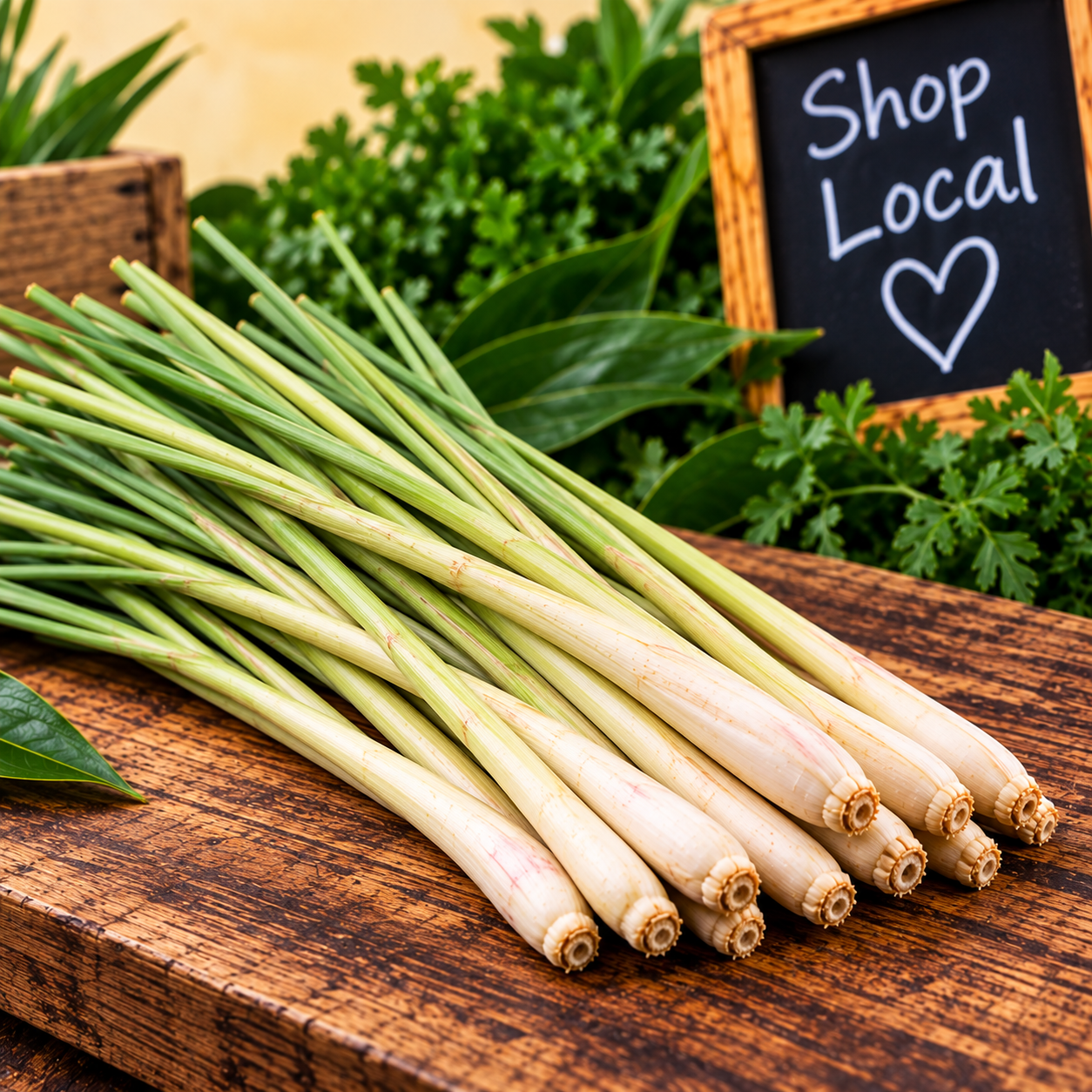 Fresh Lemongrass Stalks displayed on rustic wood with green foliage