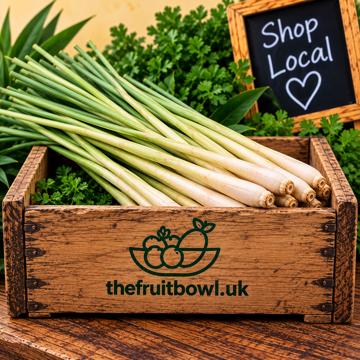 Fresh Lemongrass Stalks displayed in The Fruit Bowl wooden market crate