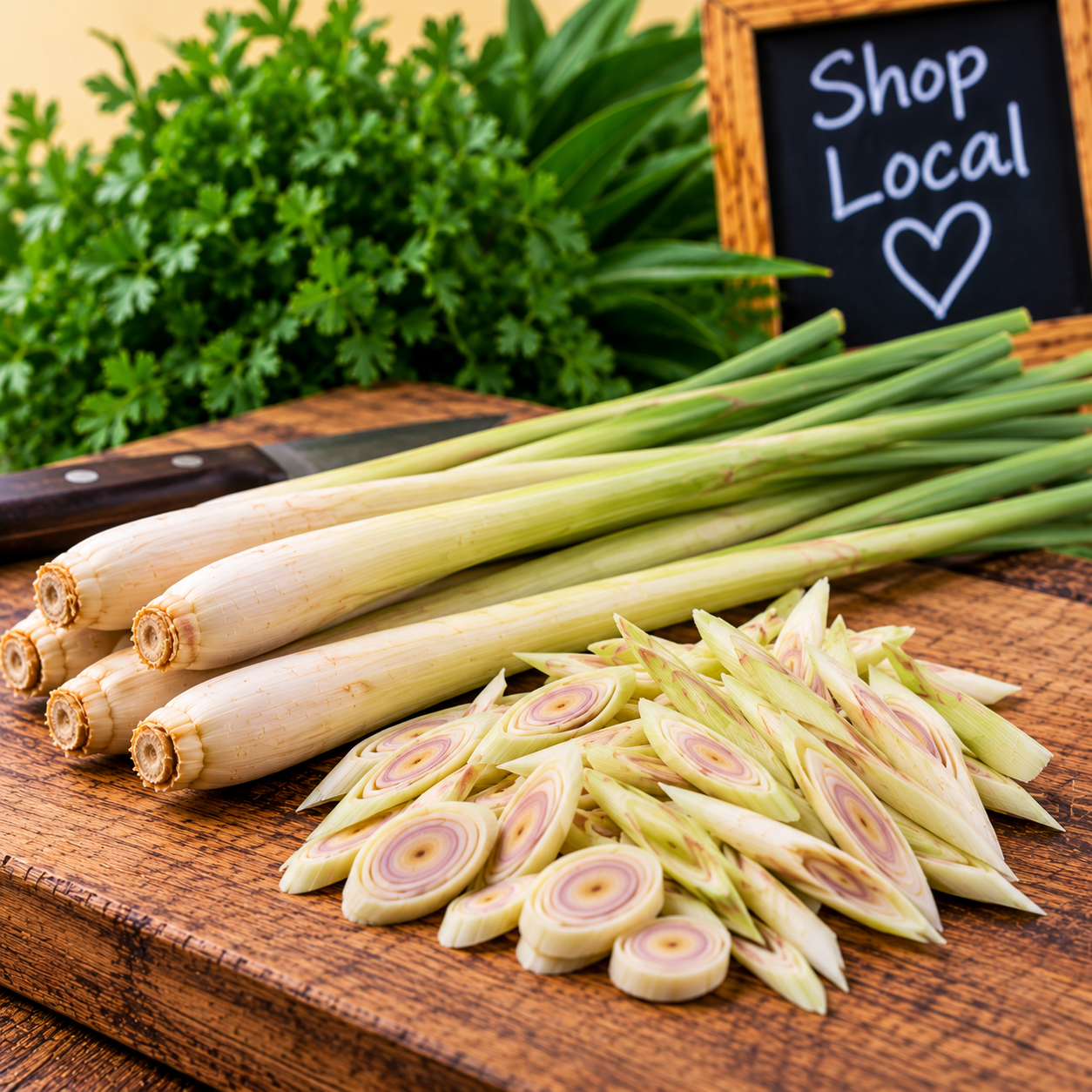 Fresh Lemongrass Stalks whole and sliced ready for cooking