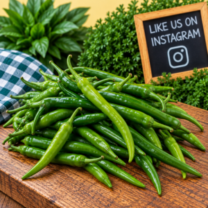Fresh Long Green Chillies displayed on rustic wood with green foliage