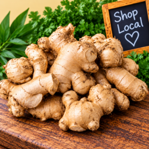 Fresh Organic Ginger Root displayed on rustic wood with green foliage