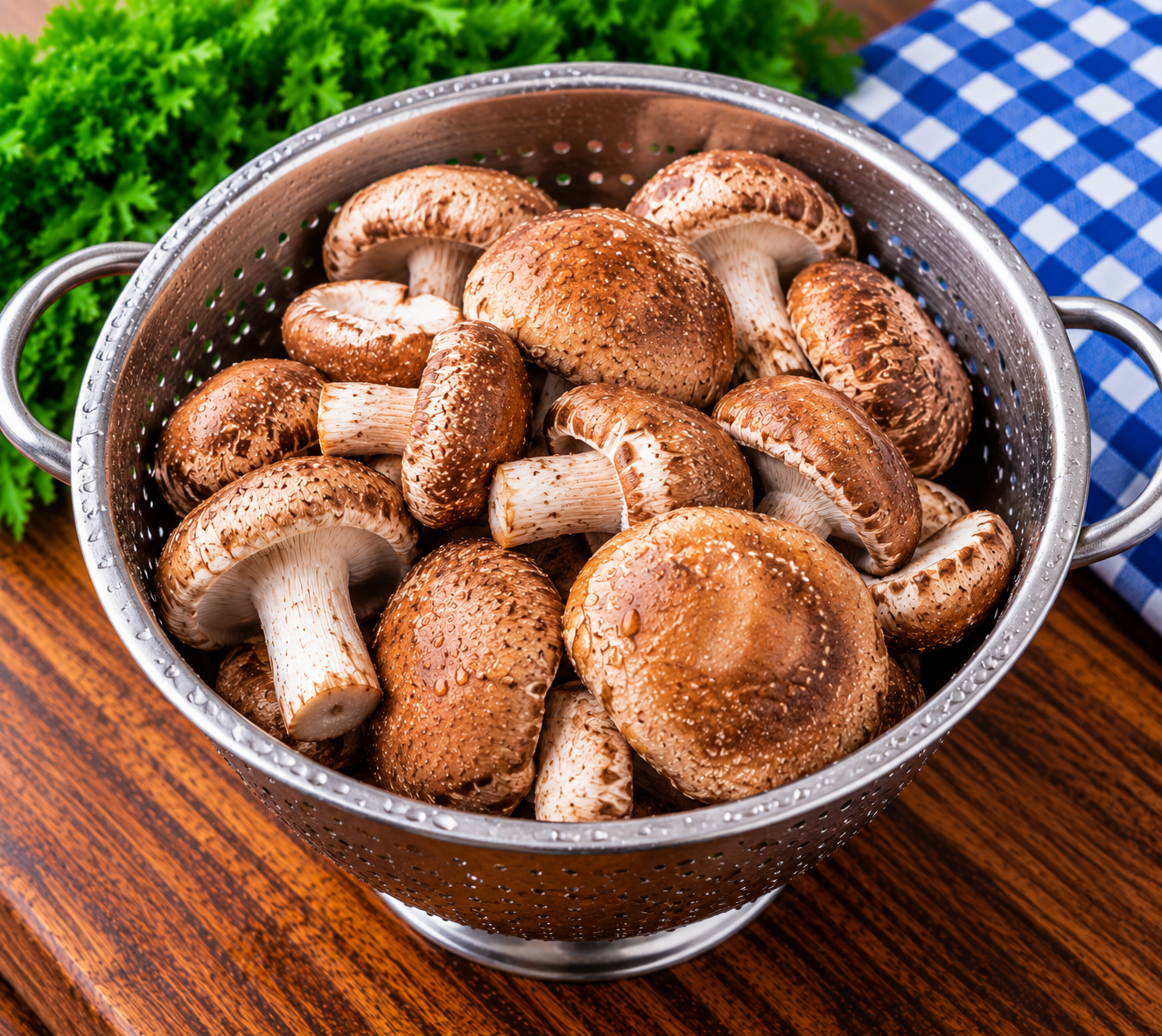 Fresh Shiitake Mushrooms freshly washed in a metal colander