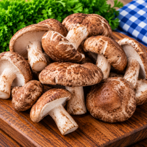 Fresh Shiitake Mushrooms with rich brown caps on rustic wood
