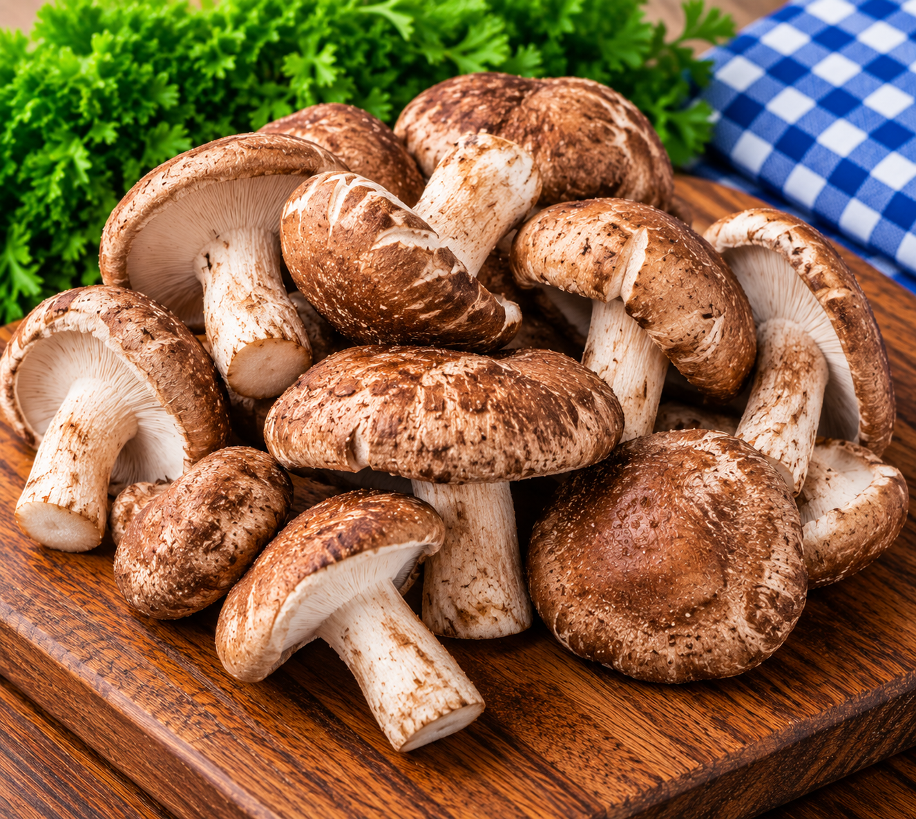 Fresh Shiitake Mushrooms with rich brown caps on rustic wood