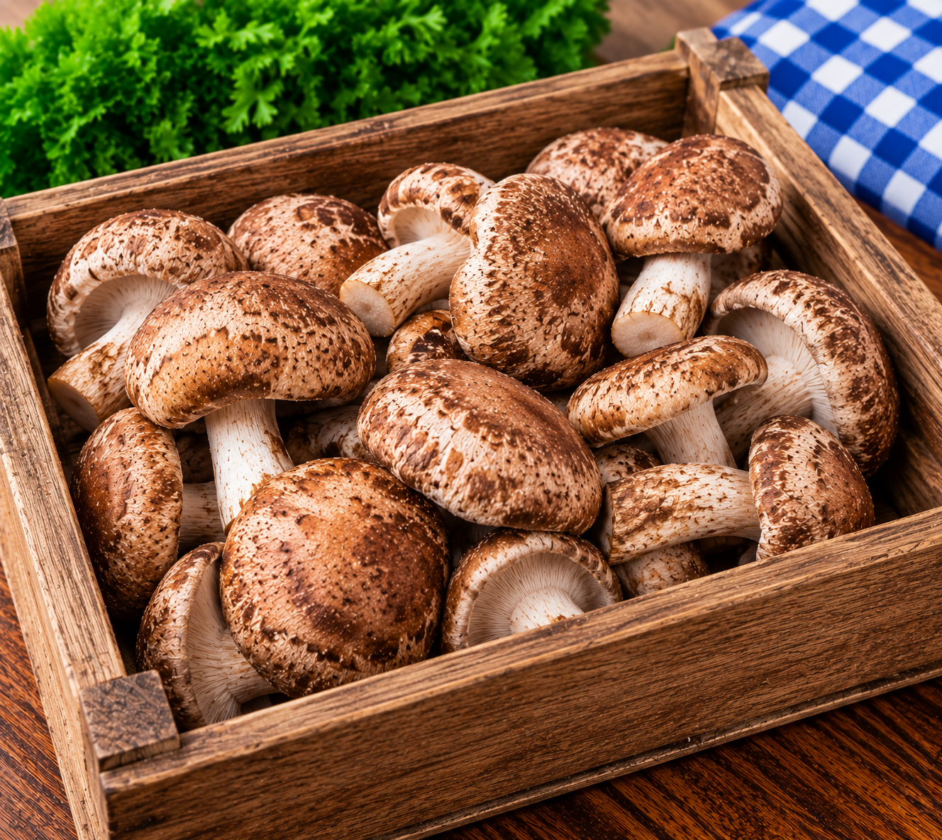 Fresh Shiitake Mushrooms displayed in a rustic wooden market crate