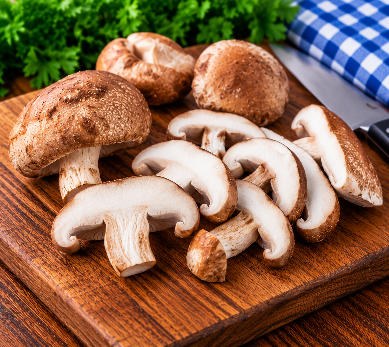 Fresh Shiitake Mushrooms whole and sliced ready for cooking
