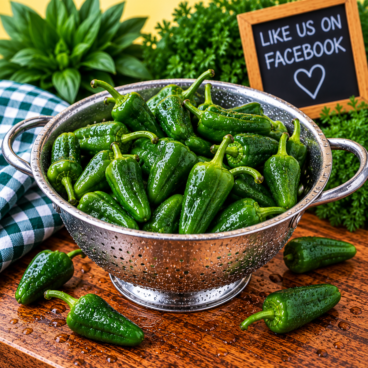 Fresh Spanish Green Padron Peppers freshly washed in a metal colander