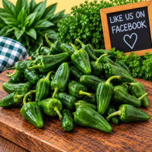 Fresh Spanish Green Padron Peppers displayed on rustic wood