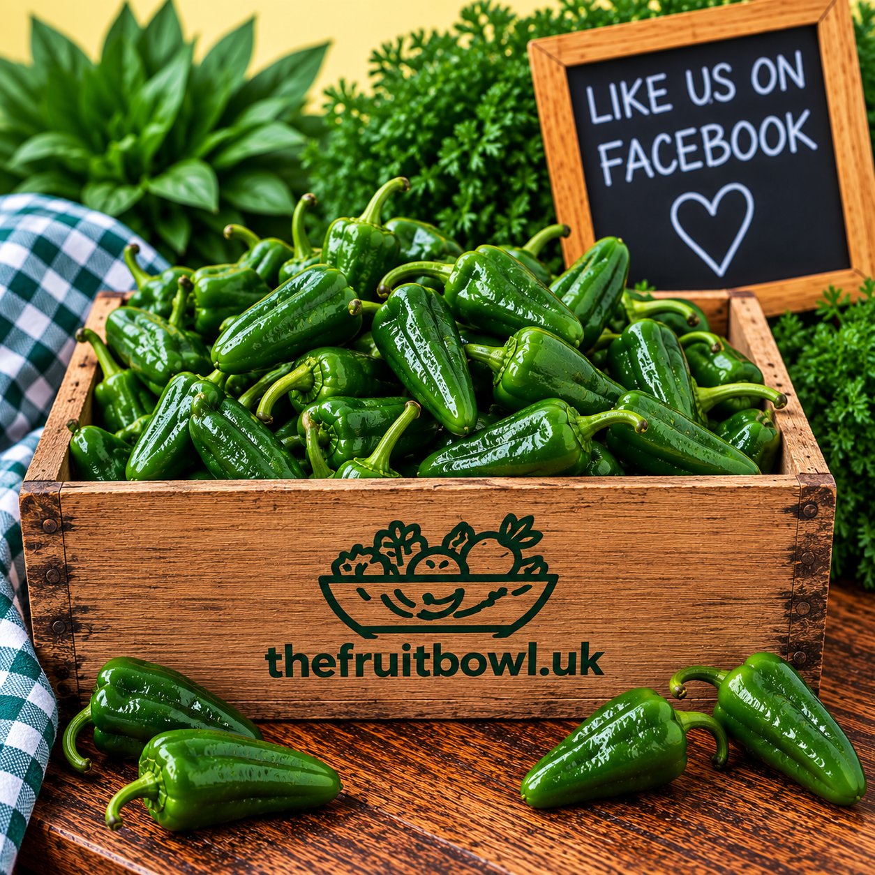Fresh Spanish Green Padron Peppers displayed in The Fruit Bowl wooden market crate