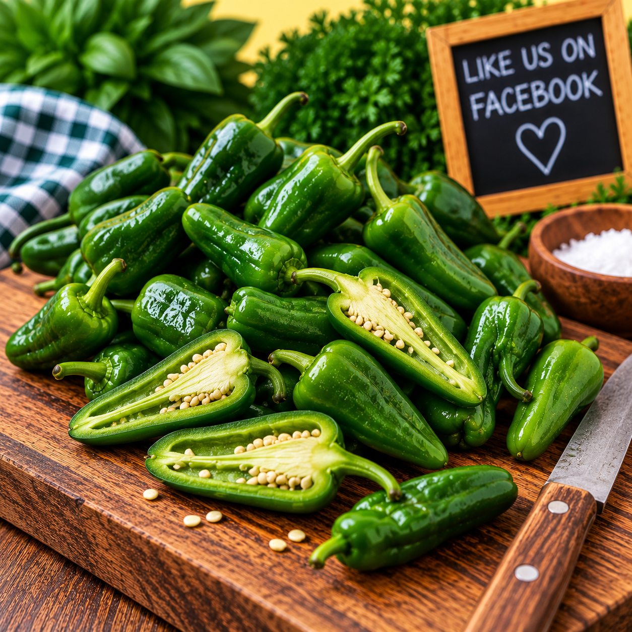 Fresh Spanish Green Padron Peppers whole and cut open showing the seeds inside
