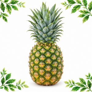 One whole green-and-gold pineapple with a spiky green crown on a white background framed by illustrated green leaves