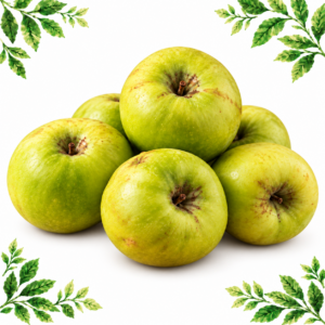 Whole green Bramley cooking apples with natural russet marks on a white background framed by illustrated green leaves.
