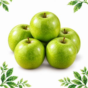 Five green Granny Smith apples on a white background framed by illustrated green leaves.
