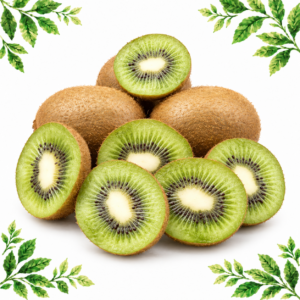 Whole brown kiwi fruit and cut halves showing green flesh and black seeds on a white background framed by illustrated green leaves.